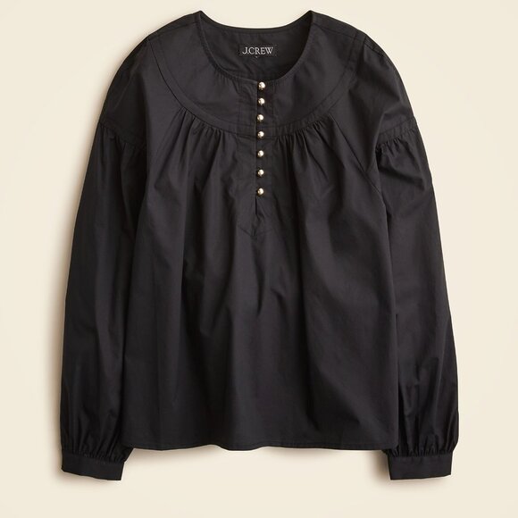J.Crew Shirred Popover Top Blouse Shirt in Cotton Black Size Medium NWT - Picture 2 of 9